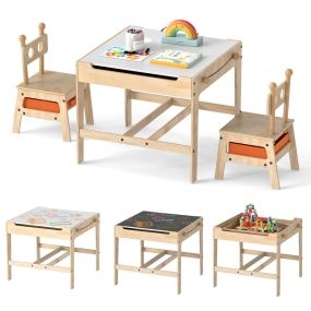 Juego de mesa y sillas infantil 4 en 1 robot con pizarra reversible y 2 cajones de almacenamiento de madera