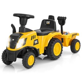 Tractor deslizante Caterpillar amarillo con remolque desmontable, pala, rastrillo, bocina y luces LED
