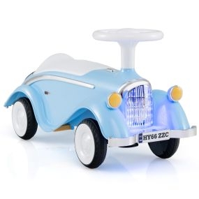 Juguete para montar coche clásico deslizante azul con volante, bocina, luz LED y almacenamiento bajo asiento para niños 19 a 36 meses
