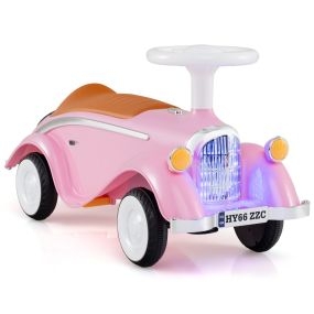 Juguete para montar coche clásico deslizante con volante, bocina, luz LED y almacenamiento bajo asiento rosa para niños de 19 a 36 meses