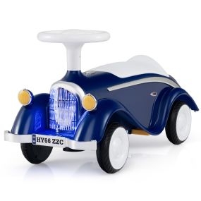 Juguete para montar coche clásico deslizante con volante, bocina, luz LED y almacenamiento, azul oscuro