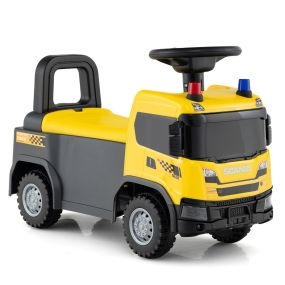 Coche de bomberos para niños con luces, sirenas y música, deslizante con almacenamiento bajo asiento, amarillo