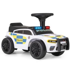 Coche policía deslizante para bebé 18+ meses con luces, música, sirena y almacenamiento bajo asiento blanco