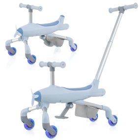 Coche de empuje 2 en 1 temática avión ruedas LED mango extraíble ajustable reposapiés plegable azul
