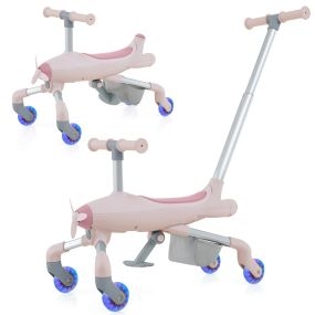 Coche de empuje 2 en 1 temática avión ruedas LED mango extraíble reposapiés plegable rosa
