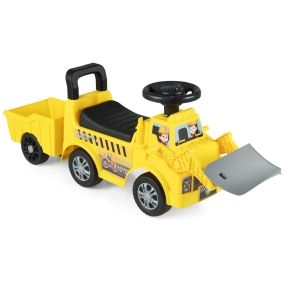 Coche de empuje para niños con remolque, pala excavadora, música, bocina y almacenamiento oculto, amarillo