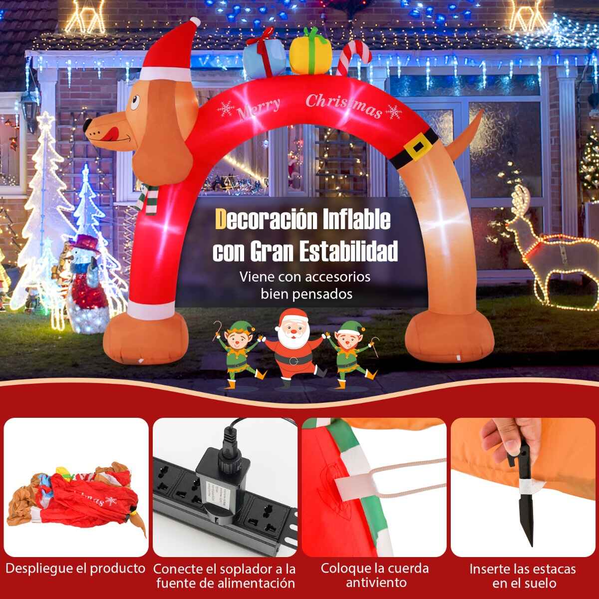 Arco inflable de Navidad en forma de teckel de 242 cm con LED, ventilador, cuerdas y estacas multicolor