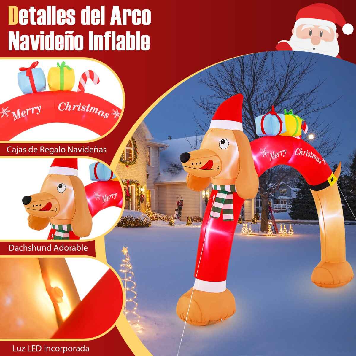 Arco inflable de Navidad en forma de teckel de 242 cm con LED, ventilador, cuerdas y estacas multicolor