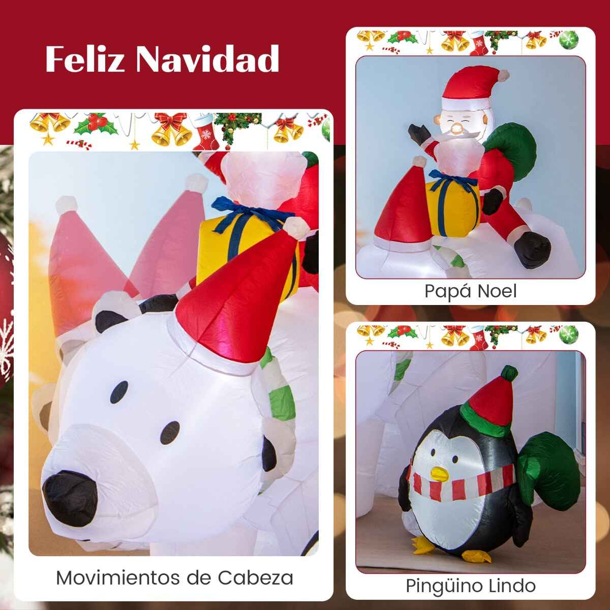 Oso polar inflable de 210 cm con Papá Noel, pingüino y bolsas de regalo, decoración navideña iluminada
