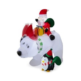 Oso polar inflable de 210 cm con Papá Noel, pingüino y bolsas de regalo, decoración navideña iluminada