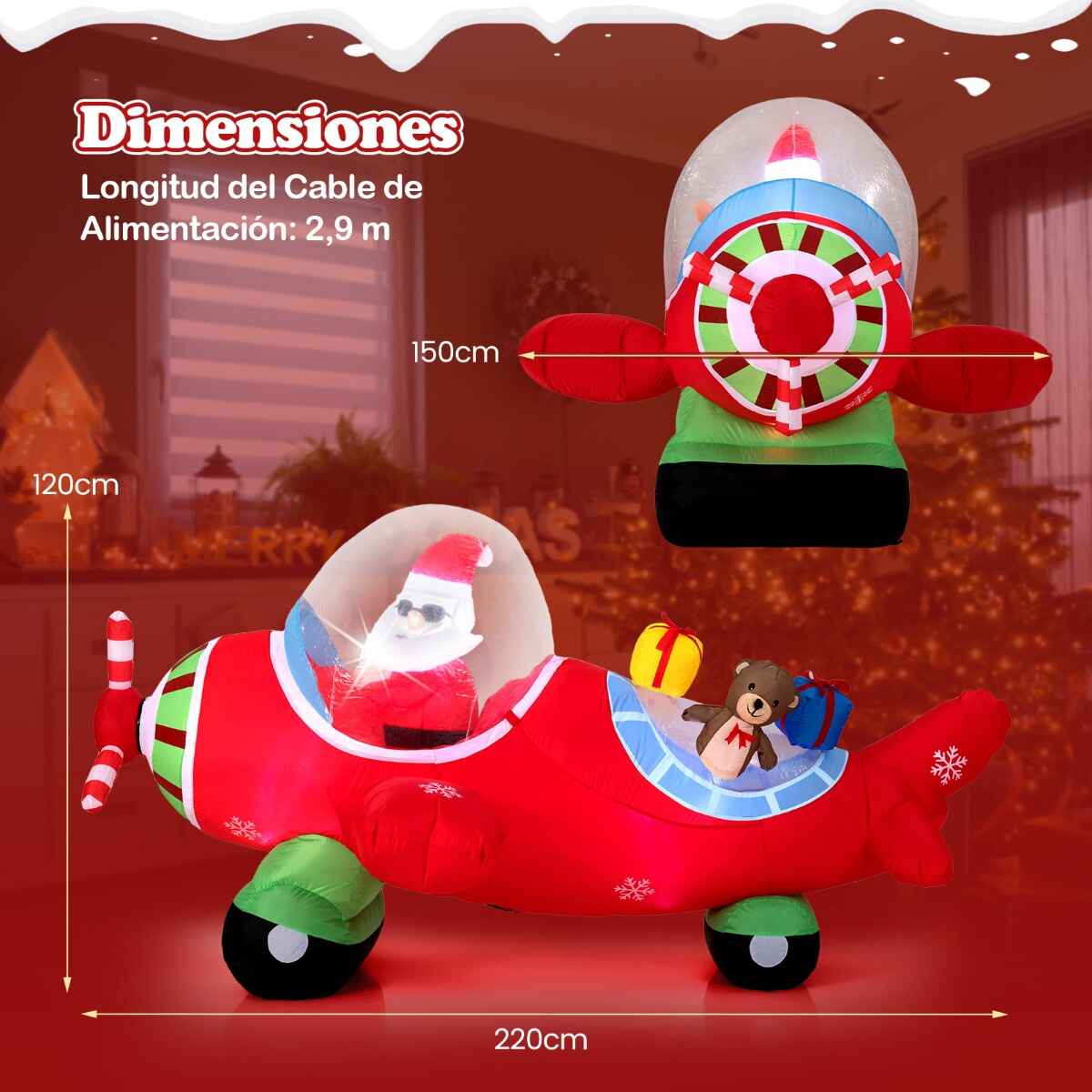 Avión inflable navideño con luces LED y cajas de regalo 220 cm