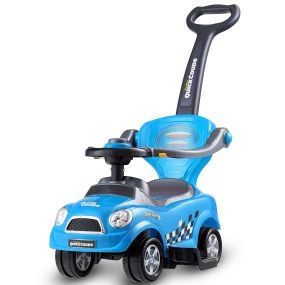 Juguete de coche de empuje infantil 3 en 1 azul con barandillas desmontables y almacenamiento oculto