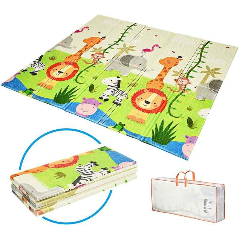 Combo 2 en 1 parque de actividades portátil y alfombra reversible de juego para niños gris oscuro y zoológico