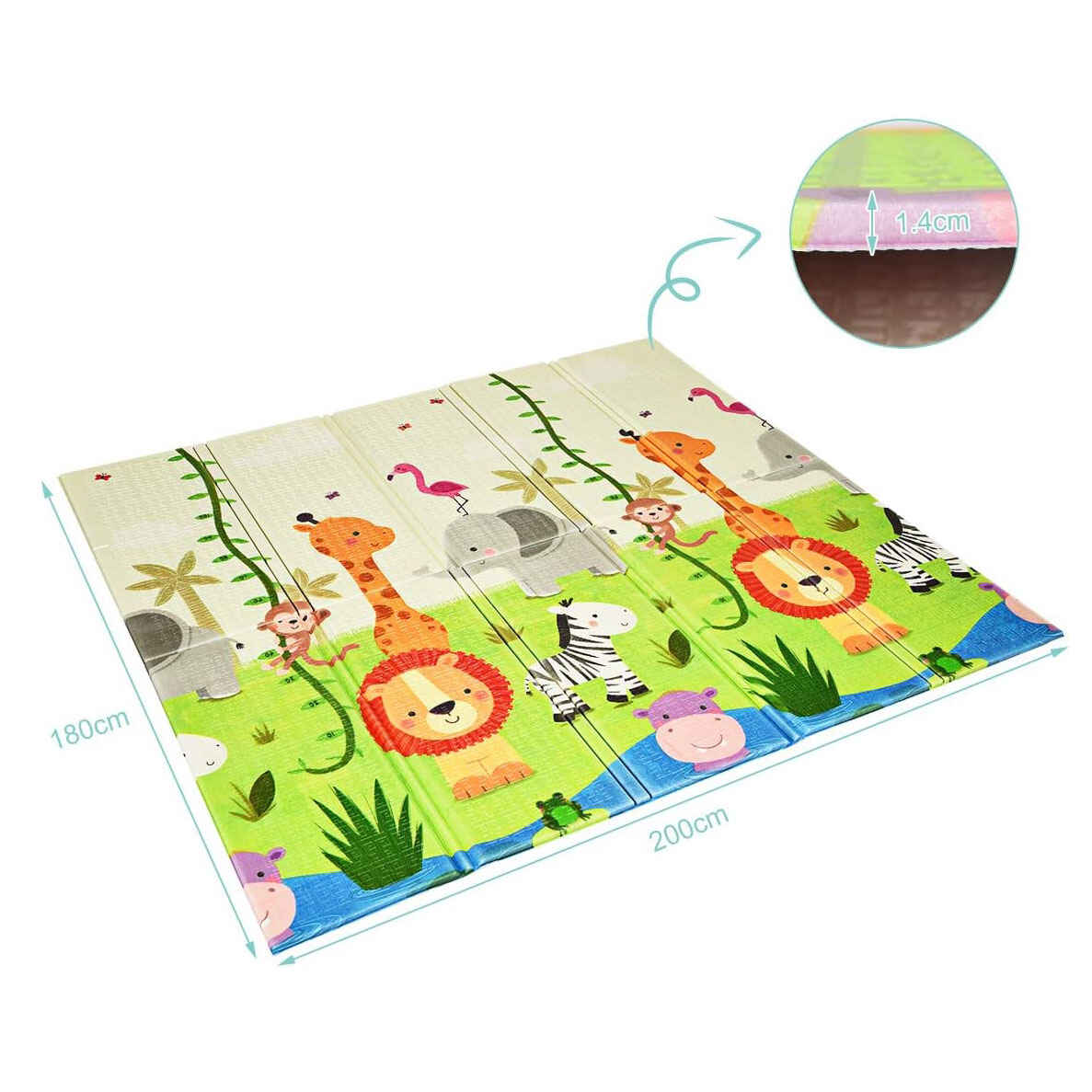 Combo 2 en 1 parque de actividades portátil y alfombra reversible de juego para niños gris oscuro y zoológico