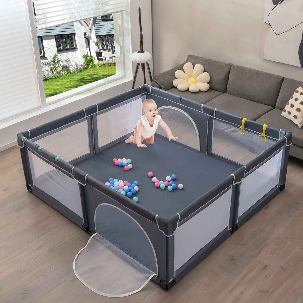 Combo 2 en 1 parque de actividades portátil y alfombra reversible de juego para niños gris oscuro y zoológico
