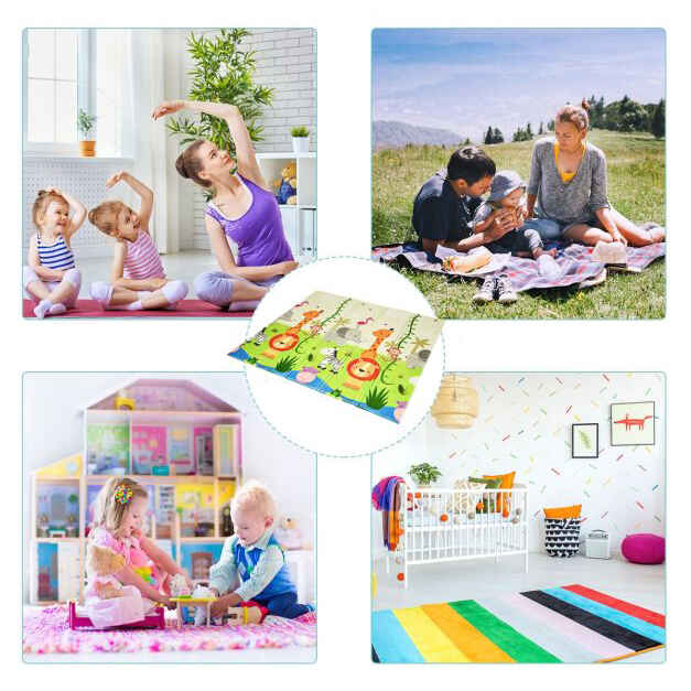Combo 2 en 1 parque de actividades portátil y alfombra reversible de juego para niños gris oscuro y zoológico