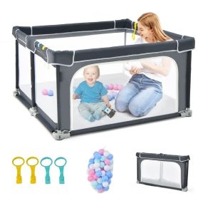 Parque de juegos para bebé plegable portátil con suelo, bloqueo y ventosas antideslizantes, 50 bolas, 124x124x70 cm, gris oscuro