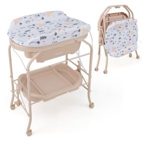Cambiador de bebés con bañera portátil plegable de PVC beige con bandeja y 4 ruedas universales