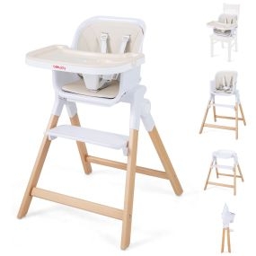 Trona convertible 4 en 1 con reposapiés reversible, bandeja ajustable y patas de haya beige