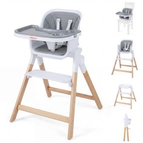 Trona convertible 4 en 1 con reposapiés reversible, bandeja ajustable y patas de haya gris