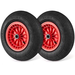 Juego de 2 480/400-8 Neumático y Rueda para Carretilla de Goma de 40 cm con Rodamiento de 2 cm y Cubo Centrado de 88 cm Neumático Rojo