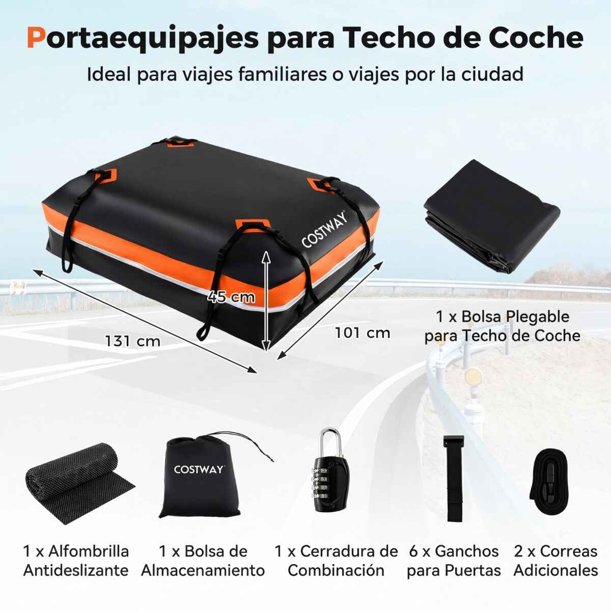 Bolsa de Techo para Coche Universal Impermeable de PVC 600L con 6 Ganchos 10 Correas Bandas Reflectantes y Bolsa Transporte Naranja