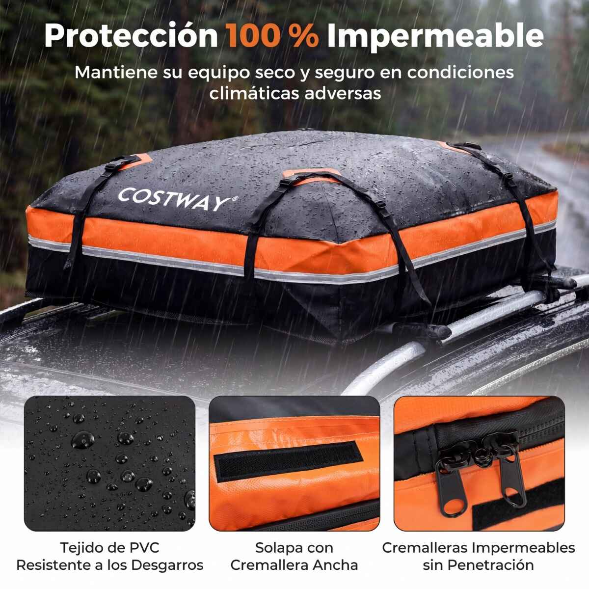 Bolsa de Techo para Coche Universal Impermeable de PVC 600L con 6 Ganchos 10 Correas Bandas Reflectantes y Bolsa Transporte Naranja