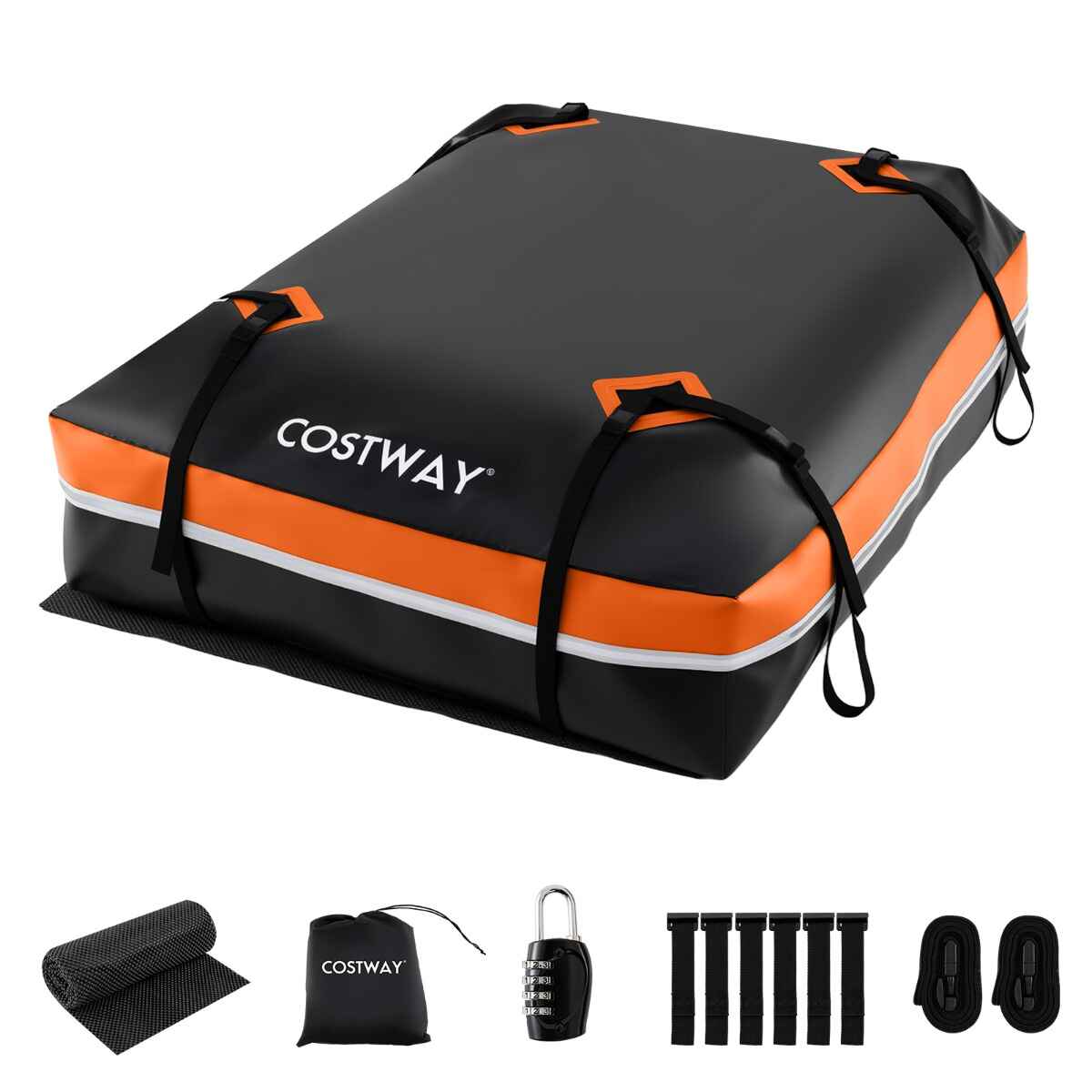 Bolsa de Techo para Coche Universal Impermeable de PVC 600L con 6 Ganchos 10 Correas Bandas Reflectantes y Bolsa Transporte Naranja