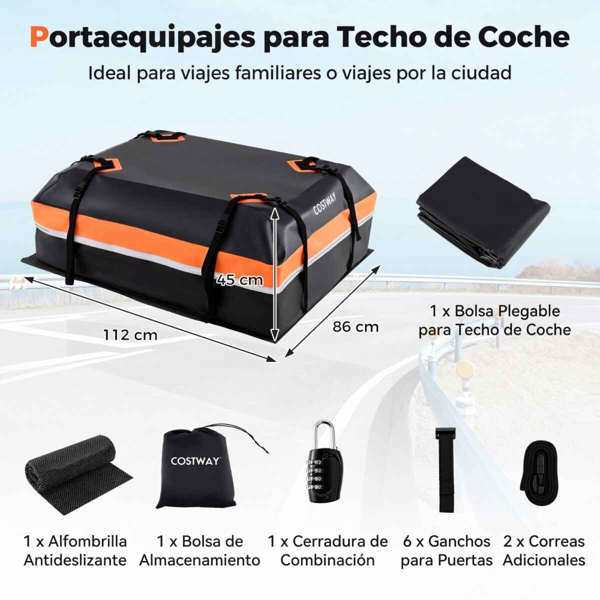 Bolsa de Techo para Coche Universal Impermeable de PVC 450L con 6 Ganchos 10 Correas Bandas Reflectantes y Bolsa Transporte Naranja