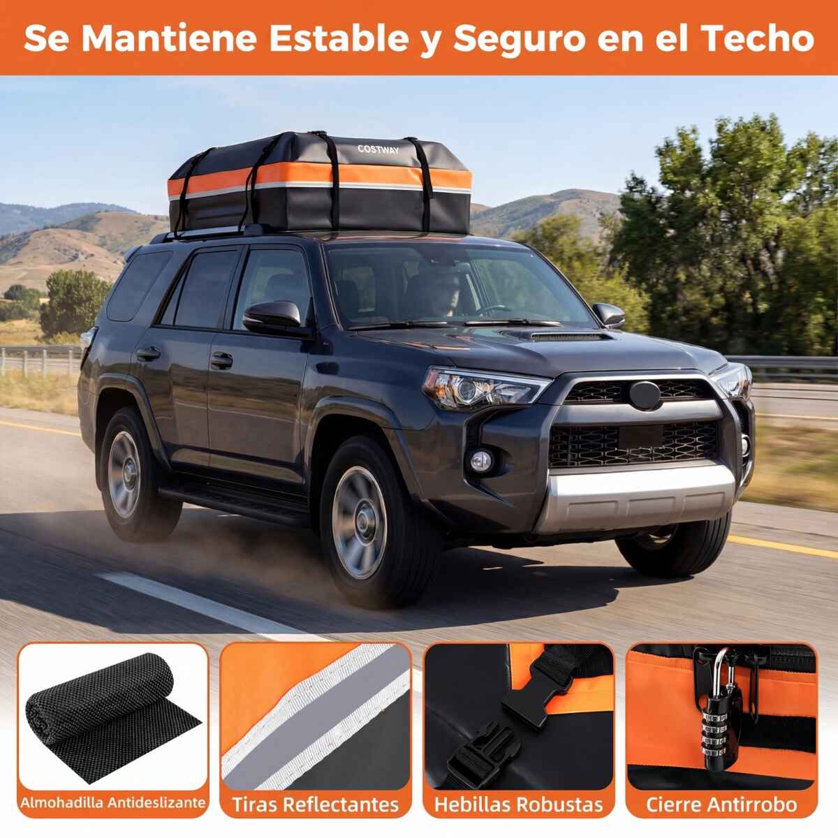 Bolsa de Techo para Coche Universal Impermeable de PVC 450L con 6 Ganchos 10 Correas Bandas Reflectantes y Bolsa Transporte Naranja