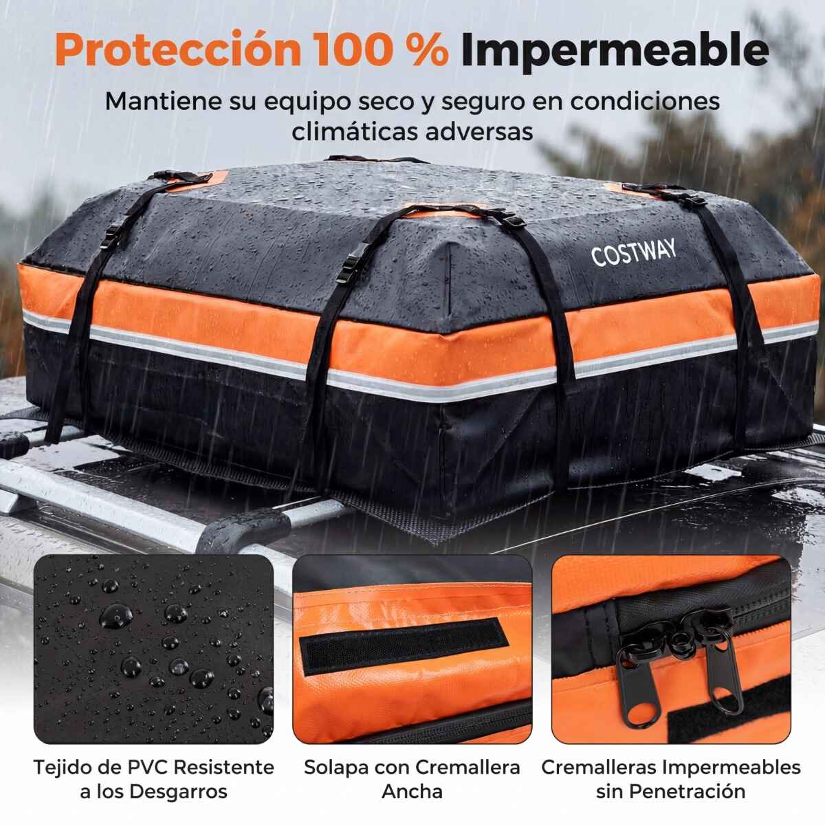 Bolsa de Techo para Coche Universal Impermeable de PVC 450L con 6 Ganchos 10 Correas Bandas Reflectantes y Bolsa Transporte Naranja