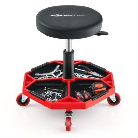 Taburete Mecánico Neumático Rodante Asiento Ajustable Acolchado Carga 150 kg Bandeja de Herramientas Garaje Taller Reparación de Automóvil