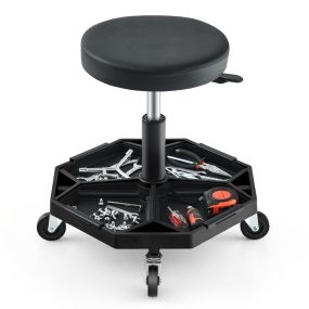 Neumático Rodante Taburete Mecánico Asiento Ajustable con Asiento Acolchado Bandeja para Herramientas Taburete Rodante para Garaje Negro
