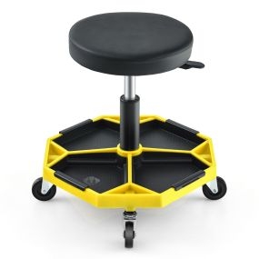 Neumático Rodante Taburete Mecánico Asiento Ajustable con Asiento Acolchado de Bandeja para Herramientas Amarillo