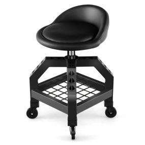 Taburete Mecánico Asiento Rodante Silla de Trabajo Ajustable con Bandeja para Herramientas Carga 150 kg para Fábrica Garaje Taller Negro