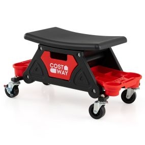 Taburete Mecánico Rodante Taburete Pesado para Taller con Ruedas Cajón Deslizante y 2 Bandejas Compartimentadas Asiento Automotriz Rojo