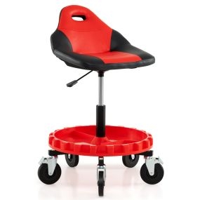 Taburete Rodante de Garaje Taburete Mecánico con Ruedas Altura Ajustable de 71 a 83 cm y Bandeja para Herramientas Asiento Móvil Rojo
