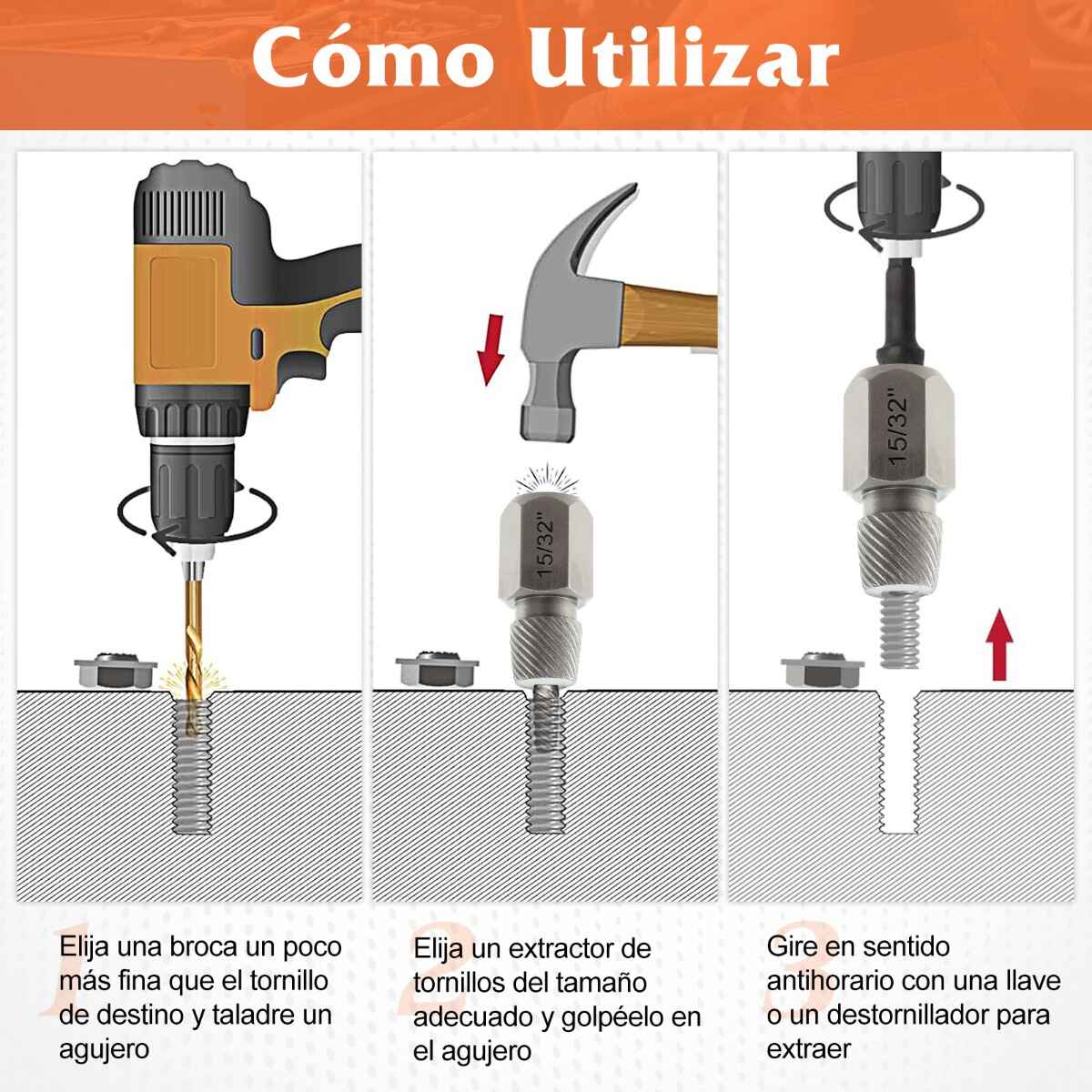 Juego de Extractores de Tornillos de 27 Piezas Kit de Eliminación de Pernos de Doble Cabeza con Accionamiento de 3/8'' Removedor Naranja