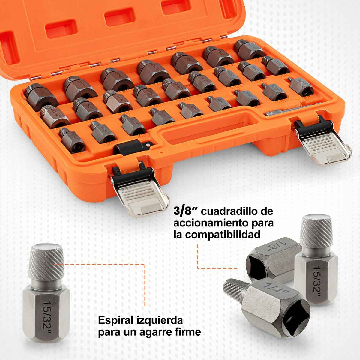 Juego de Extractores de Tornillos de 27 Piezas Kit de Eliminación de Pernos de Doble Cabeza con Accionamiento de 3/8'' Removedor Naranja