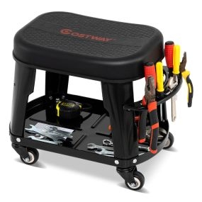 Taburete Rodante para Garaje con Almacenaje Asiento Mecánico Automotriz con Bandeja para Herramientas y Soporte Pesado de 136 KG Negro
