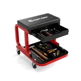 Asiento Rodante con Capacidad de 185 kg Taburete Mecánico Acolchado con Cajón Bandeja para Herramientas y Ruedas Universales Negro