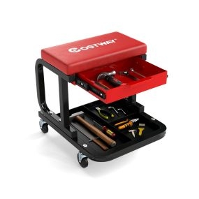 Asiento Rodante con Capacidad de 185 kg Taburete Mecánico Acolchado con Cajón Bandeja para Herramientas y Ruedas Universales Silla Rojo