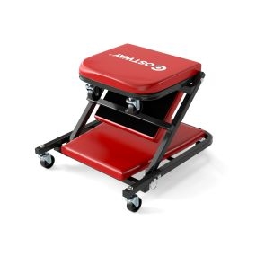 Garra de Garaje en Forma de Z de 92 cm 2-en-1 Garra Automotriz Plegable con Asiento Acolchado y 6 Ruedas Universales Taburete Rojo