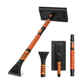 Pala de Nieve Extensible 2 en 1 Rascador de Hielo para Parabrisas de Coche Cabezal Giratorio de 180° Mango Antideslizante de EVA Negro