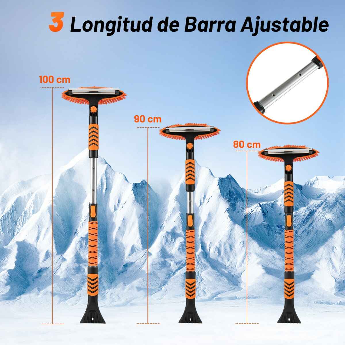 Pala de Nieve Extensible 4 en 1 Rascador de Hielo de 107 cm para Parabrisas Cabezal de Cepillo Giratorio de 180° Mango de EVA Naranja