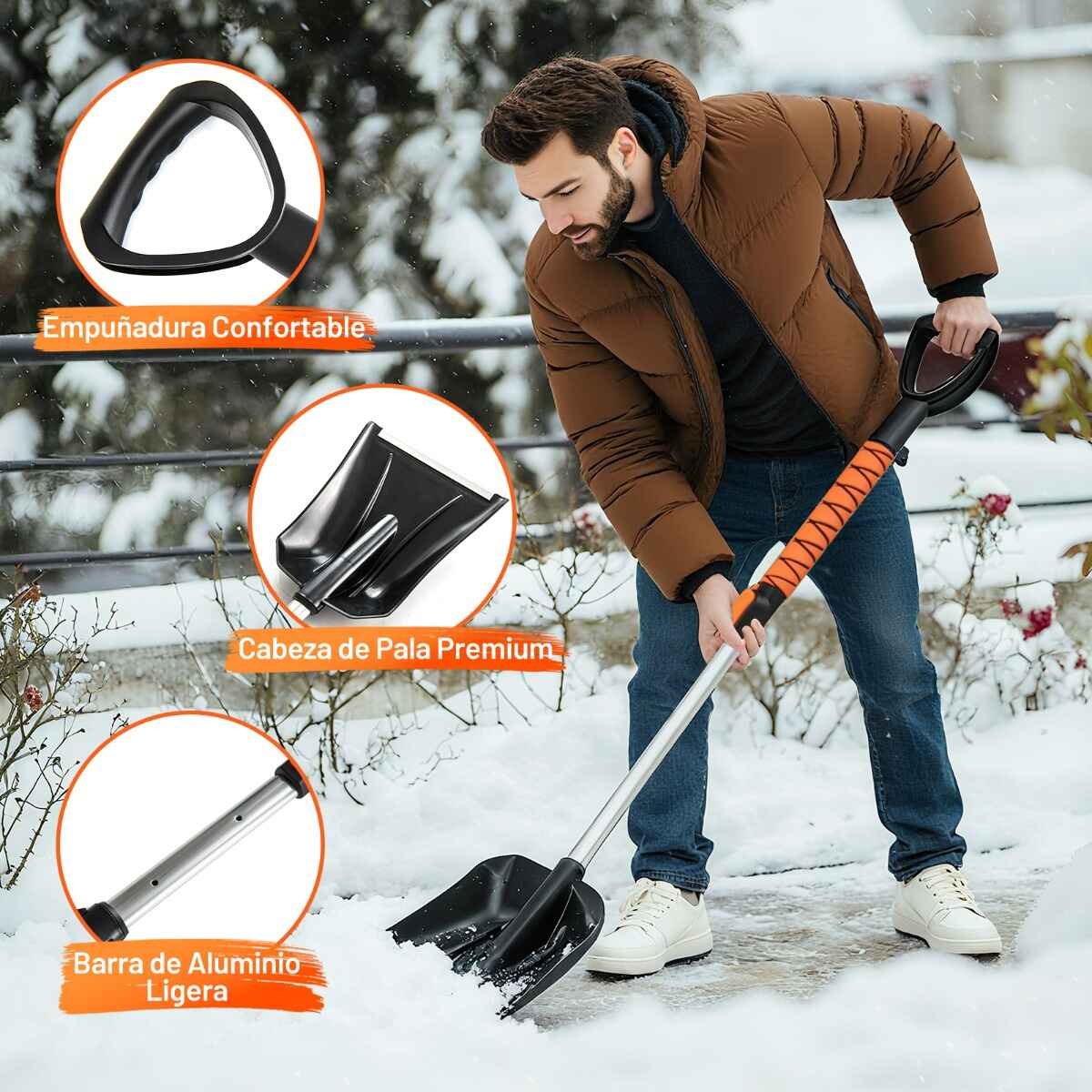Pala de Nieve Extensible 4 en 1 Rascador de Hielo de 107 cm para Parabrisas Cabezal de Cepillo Giratorio de 180° Mango de EVA Naranja