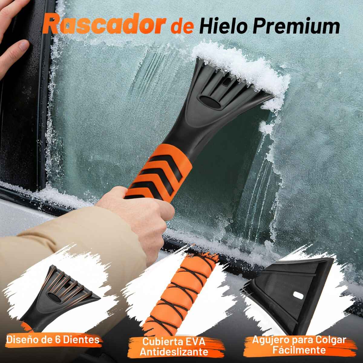Pala de Nieve Extensible 4 en 1 Rascador de Hielo de 107 cm para Parabrisas Cabezal de Cepillo Giratorio de 180° Mango de EVA Naranja