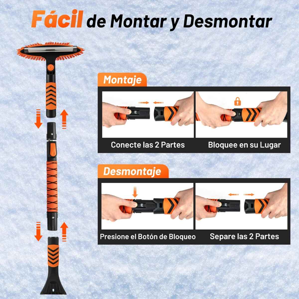 Pala de Nieve Extensible 4 en 1 Rascador de Hielo de 107 cm para Parabrisas Cabezal de Cepillo Giratorio de 180° Mango de EVA Naranja