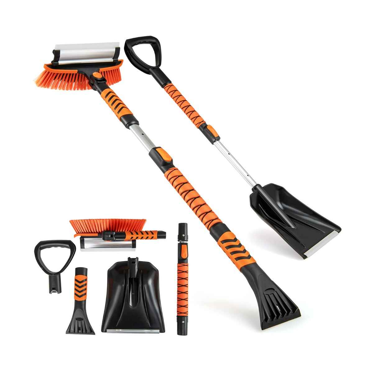 Pala de Nieve Extensible 4 en 1 Rascador de Hielo de 107 cm para Parabrisas Cabezal de Cepillo Giratorio de 180° Mango de EVA Naranja