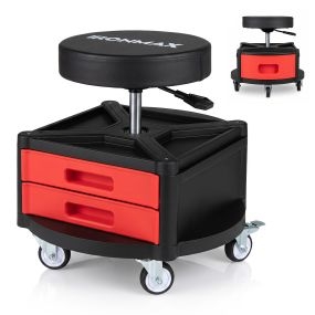 Taburete de taller con ruedas, altura ajustable, 2 cajones, carga 150 kg, rojo y negro